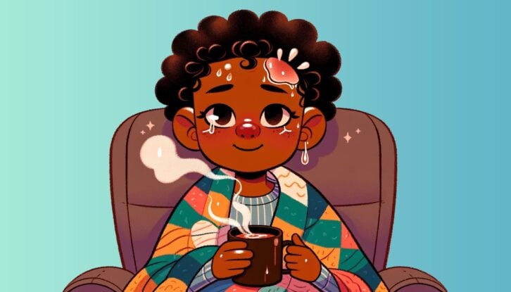 An AI-generated illustration of a woman sitting in a chair suffering from symptoms such as congestion and fever. She's wrapped in a blanket and sipping from a steaming cup of tea. The expression on her face tells you that she's feeling slightly better.