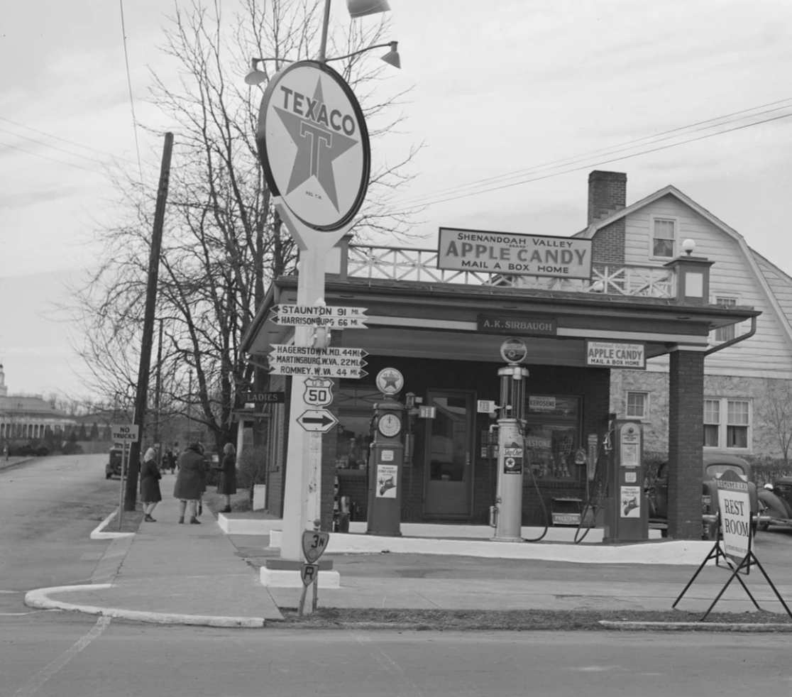 February 1940: Gas station on Hwy. 50, Winchester, Virginia.