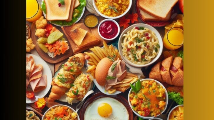 AI-generated image of a table full of Thanksgiving Leftovers repurposed in different dishes, including pasta, breakfast, soups, and more