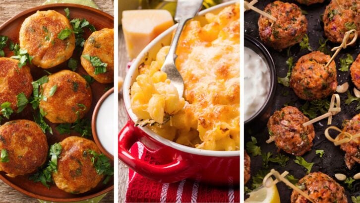 Three images of creative Thankgiving side dishes: aloo tikka, mac and cheese, and lamb meatballs
