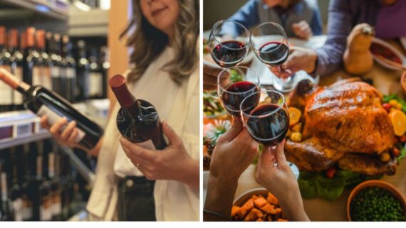 Woman looking for wine in the beverage aisle of the supermarket and an image of Group of unrecognizable people toasting with wine during Thanksgiving dinner at dining table.