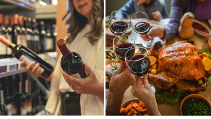 Woman looking for wine in the beverage aisle of the supermarket and an image of Group of unrecognizable people toasting with wine during Thanksgiving dinner at dining table.