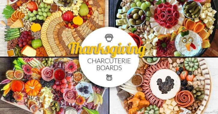A collage of four different Thanksgiving-themed charcuterie boards