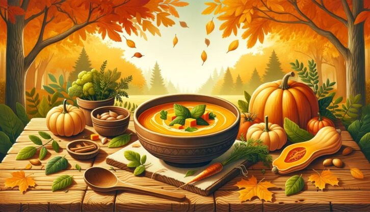 Fall-themed soup on table in front of autumnal landscape
