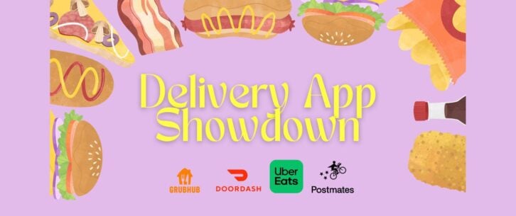 Illustration showing text "Delivery App Showdown" against a purple background