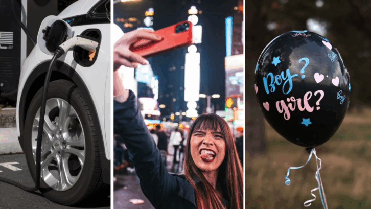 Things Nobody Ever Said in the 1980s, like charge my car, take a selfie, or gender reveal party