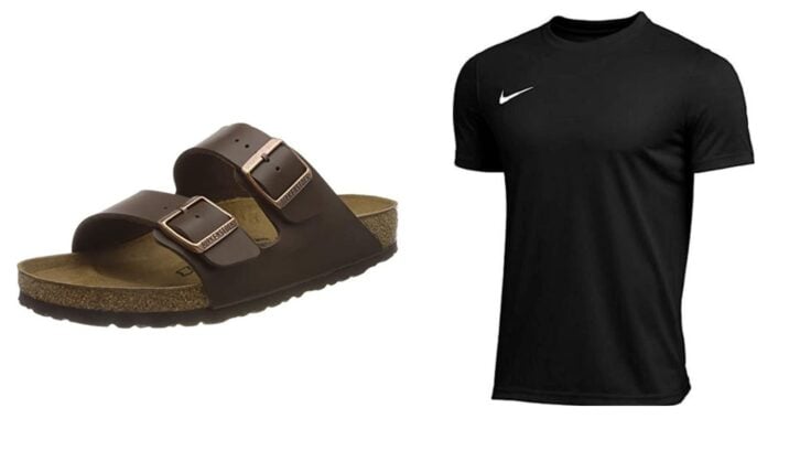 a Birkenstock shoe, a T-shirt