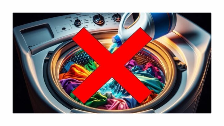 Red X through bleach being poured into a washing machine holding colored clothes