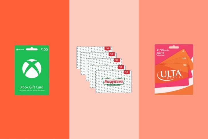 Three gift cards on tri-toned salmon hues, gift cards of Xbox, Krispy Kreme, and Ulta