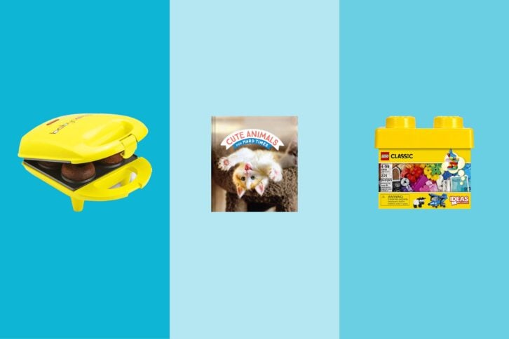 Three gift items on tri-toned blue hues, a donut maker, a cute animals book, and a LEGOS set