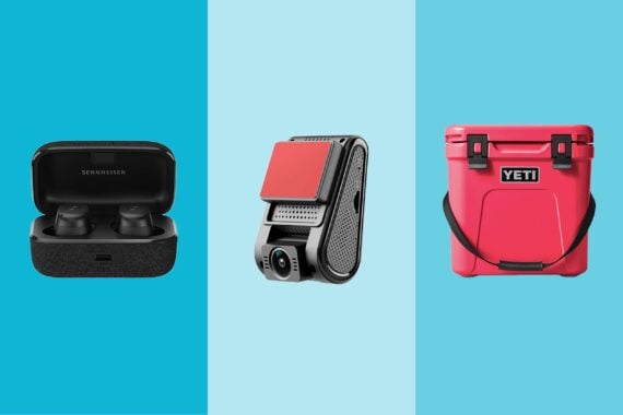 Three gift items on tri-toned blue hues gifts under $250, Bluetooth earbuds, a dash cam, and a YETI cooler