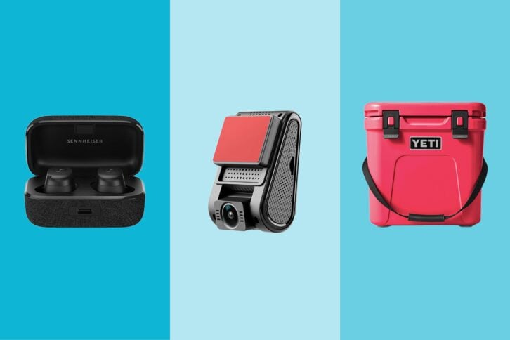 Three gift items on tri-toned blue hues gifts under $250, Bluetooth earbuds, a dash cam, and a YETI cooler
