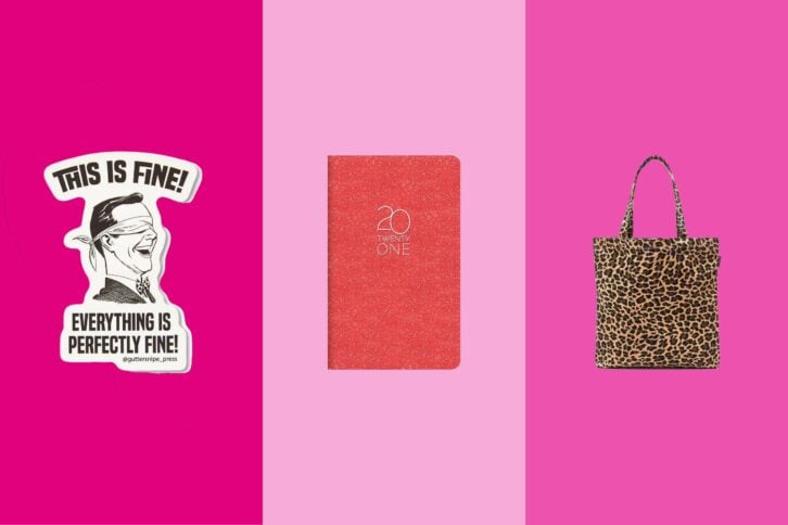 Three gift items on tri-toned pink hues, a vinyl sticker, a pink journal, and a cheetah handbag