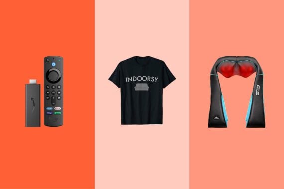 Three gift items on tri-toned salmon hues, an Amazon Fire TV stick 4K, an 'Indoorsy' t-shirt, and a massager with heat