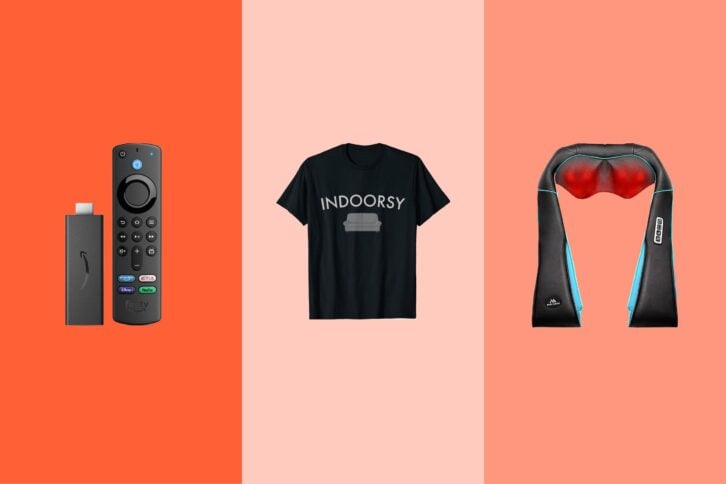Three gift items on tri-toned salmon hues, an Amazon Fire TV stick 4K, an 'Indoorsy' t-shirt, and a massager with heat