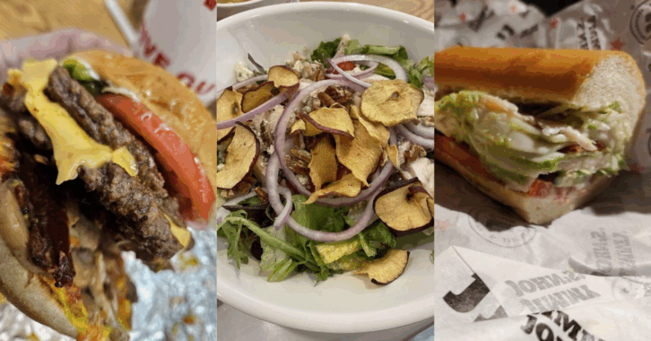 Three Images of Fast Food, Hamburger, Salad, and a Sub