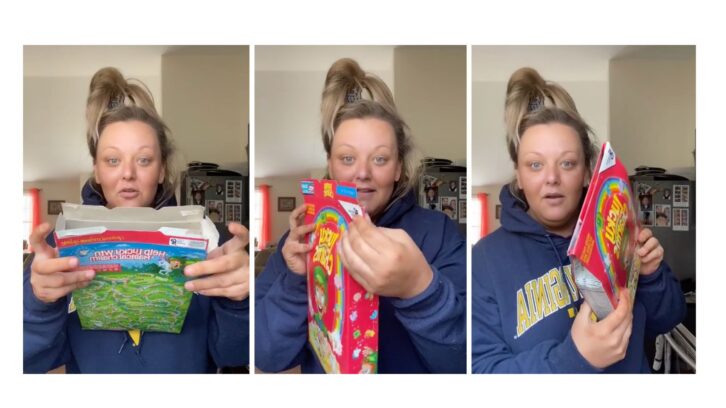 TikTok triptych shows how to fold a cereal box correctly