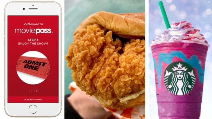a MoviePass app, a chicken sandwich, a Starbucks drink