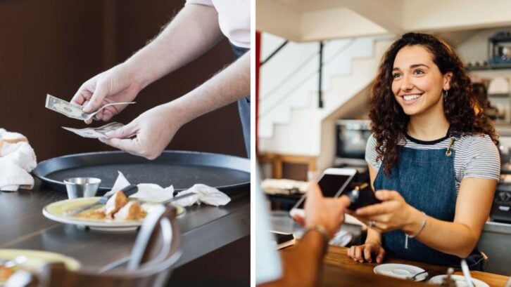A server counting tips and a server accepting contactless payment