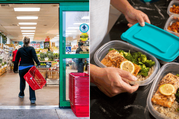 Female Customer Entering Into a Trader Joe's and Man Making Meals for Work