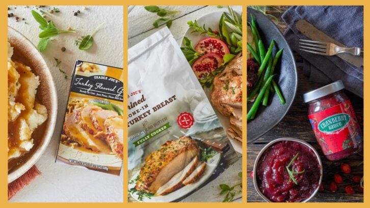 Product photos of Trader Joe's Apple Pie, Brined Turkey Breast, and Mashed Potatoes