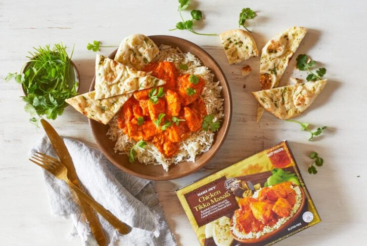 Staged photo of Trader Joe's chicken tikka masala and rice