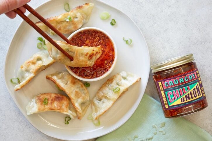 Staged photo of Trader Joe's crunchy chili onion and gyoza
