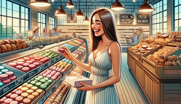 AI-generated image of a woman buying macarons from Trader Joe's
