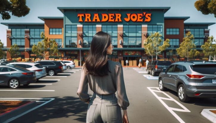 AI image of a woman standing outside a Trader Joe's