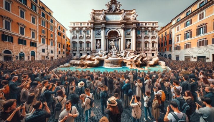 AI-generated image of crowds surrounding the Trevi Fountain in Rome