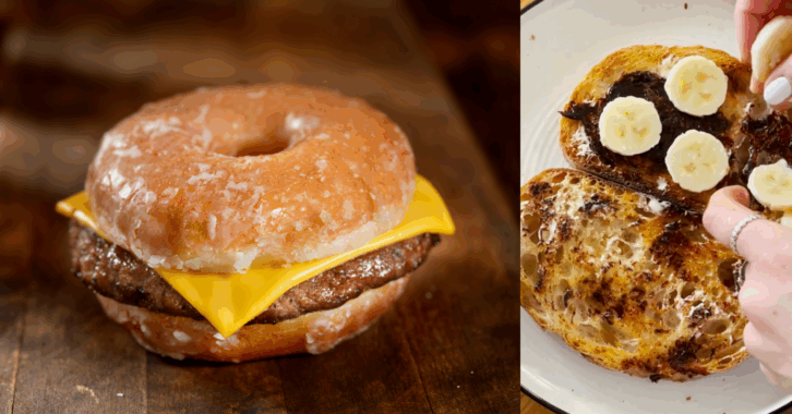 Two Images, Cheeseburger Donut, and Vegemite and Banana Toast