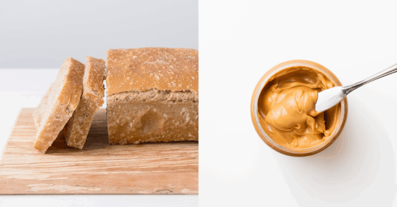 Two Images of a Loaf of Bread and a Jar of Peanut Butter