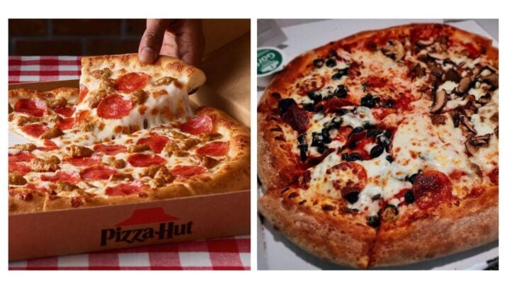 Two side-by-side images of pizzas From Pizza Hut and Papa John’s, left is a hand taking a slice from the Pizza Hut pizza in the box, right is a Papa John’s pizza in a box