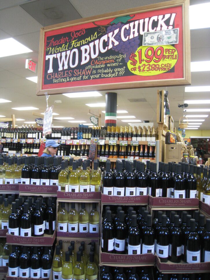 Two-Buck Chuck display for Charles Shaw wine in a Trader Joe's