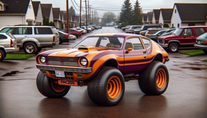 An ugly car, inspired by the AMC Pacer, featuring exaggerated and mismatched elements that create a distinctly unattractive appearance.