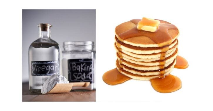A stack of pancakes next to baking soda and vinegar.