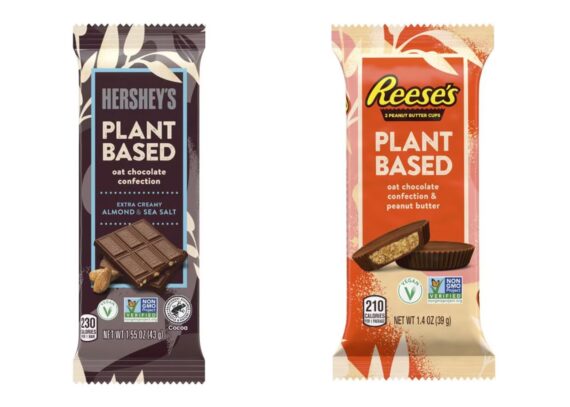 Combined images of The Hershey Co.'s two vegan confections: a plant-based Hershey's oat-chocolate bar and oat-chocolate peanut butter Reese's cups.