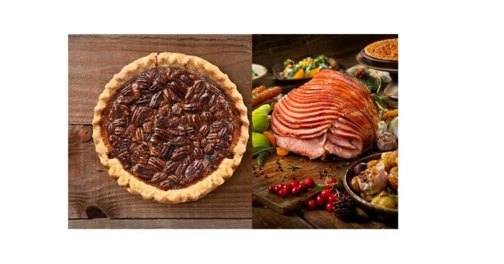 A pecan pie placed next to a holiday ham.