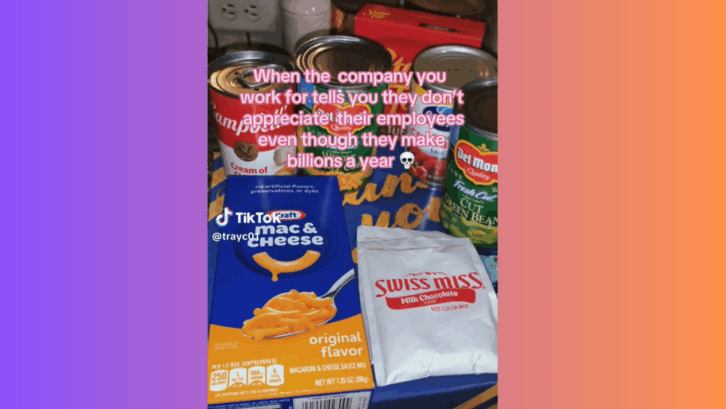 screenshot of TikTok showing lackluster thanksgiving package from employer