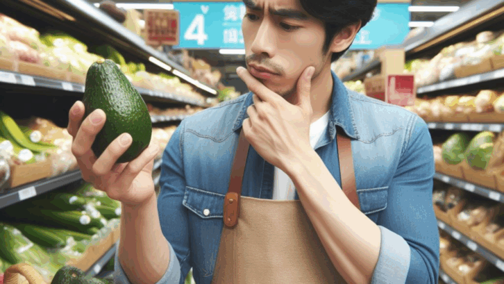 man deciding on what kind of avocados to buy at the store