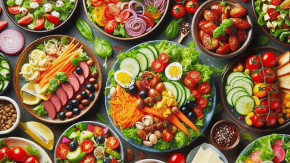 spread of different dinner salads