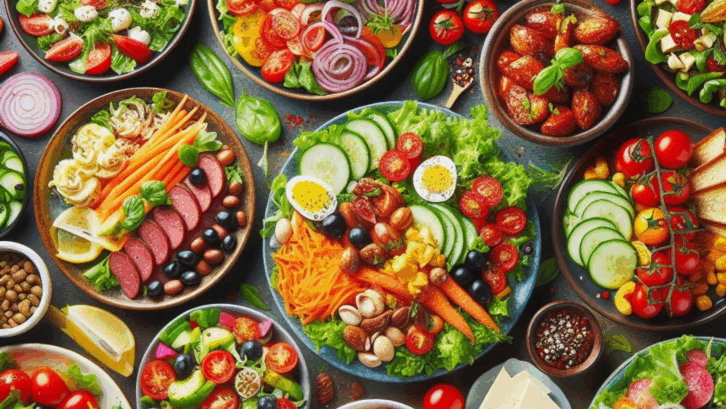 spread of different dinner salads