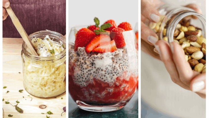 collage of sauerkraut, parfait, and nuts
