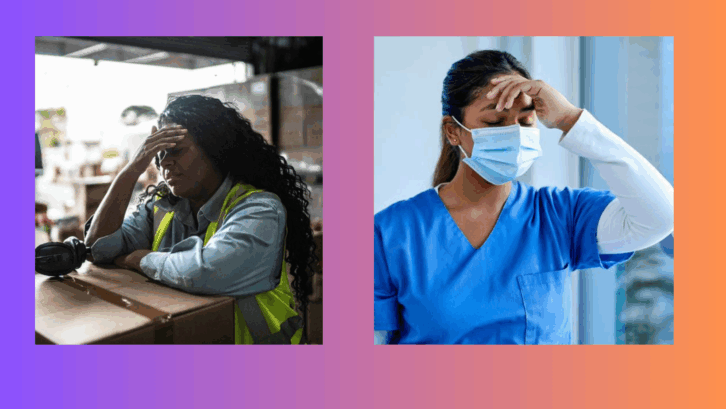 collage of a stressed out nurse and stressed warehouse worker