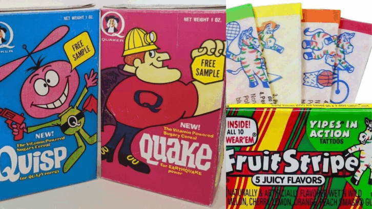 quisp and quake cereal beside fruit stripes gum