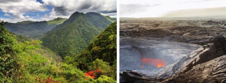 a green hilly mountain, a volcano