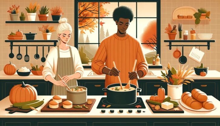 Illustration of couple making vegan Thanksgiving dinner
