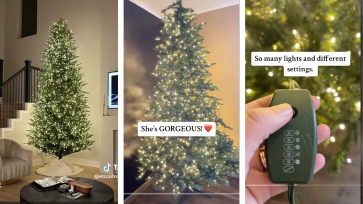 viral home depot christmas tree shown in tiktok screenshot and Walmart dupe for less