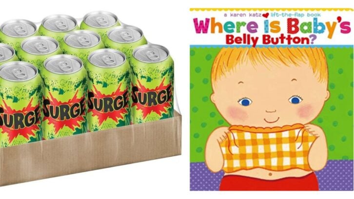 Surge drink cans, a baby book