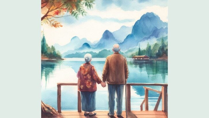 Watercolor of Senior Couple Looking at Lake